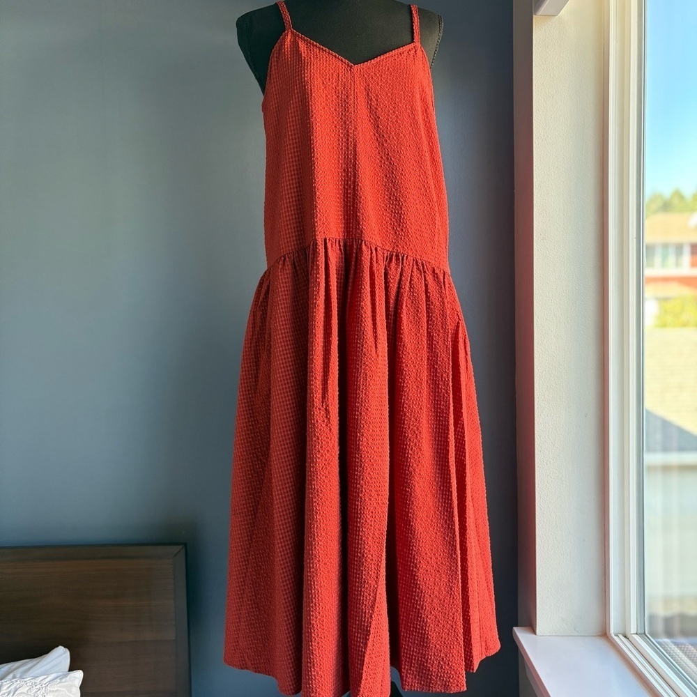 Nordstrom Burnt Orange A-Line Midi Sleeveless Drop Waist Sun Dress w Pockets
